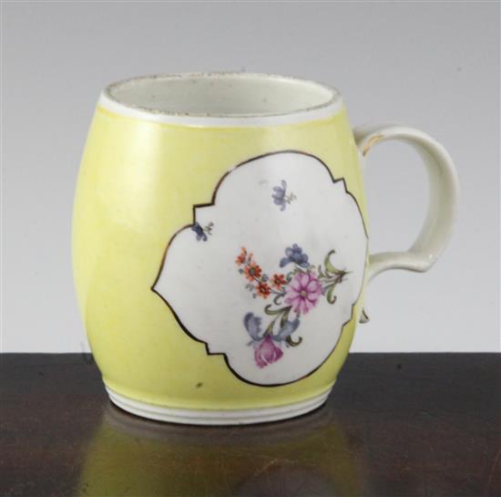 A Meissen yellow ground barrel shaped mustard pot, mid 18th century, height 2.75in.